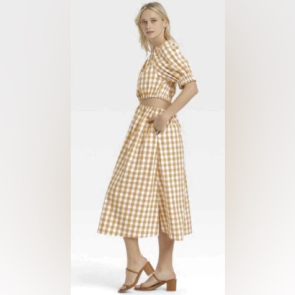 Who What Were Gingham One-Shoulder Maxi Dress in Mustard and White Size L New - Picture 2 of 4